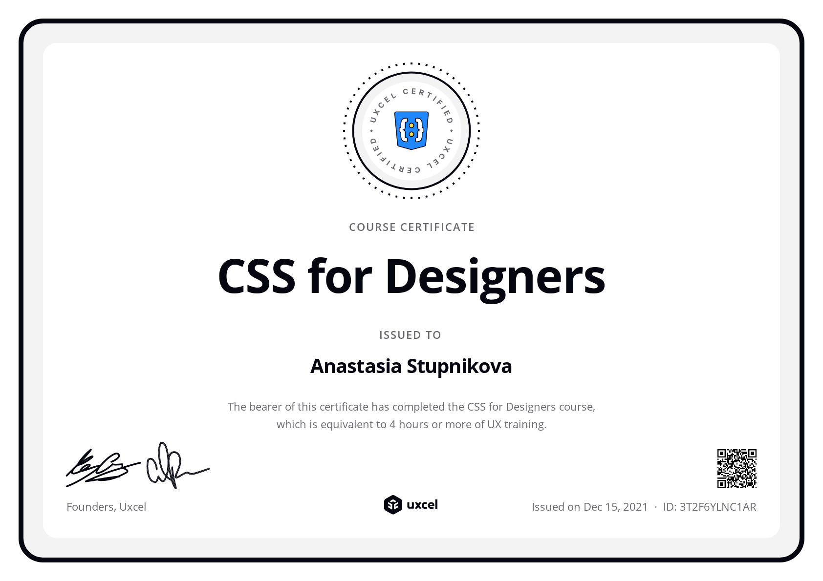 Anastasia Stupnikova's certificate